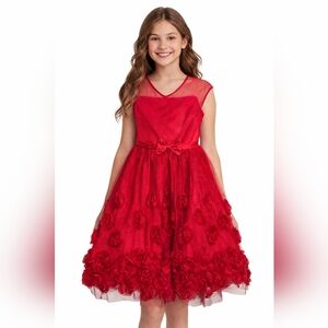 KensieGirl Red Rosette Tulle Party Glittered Dress – Girls Size 14